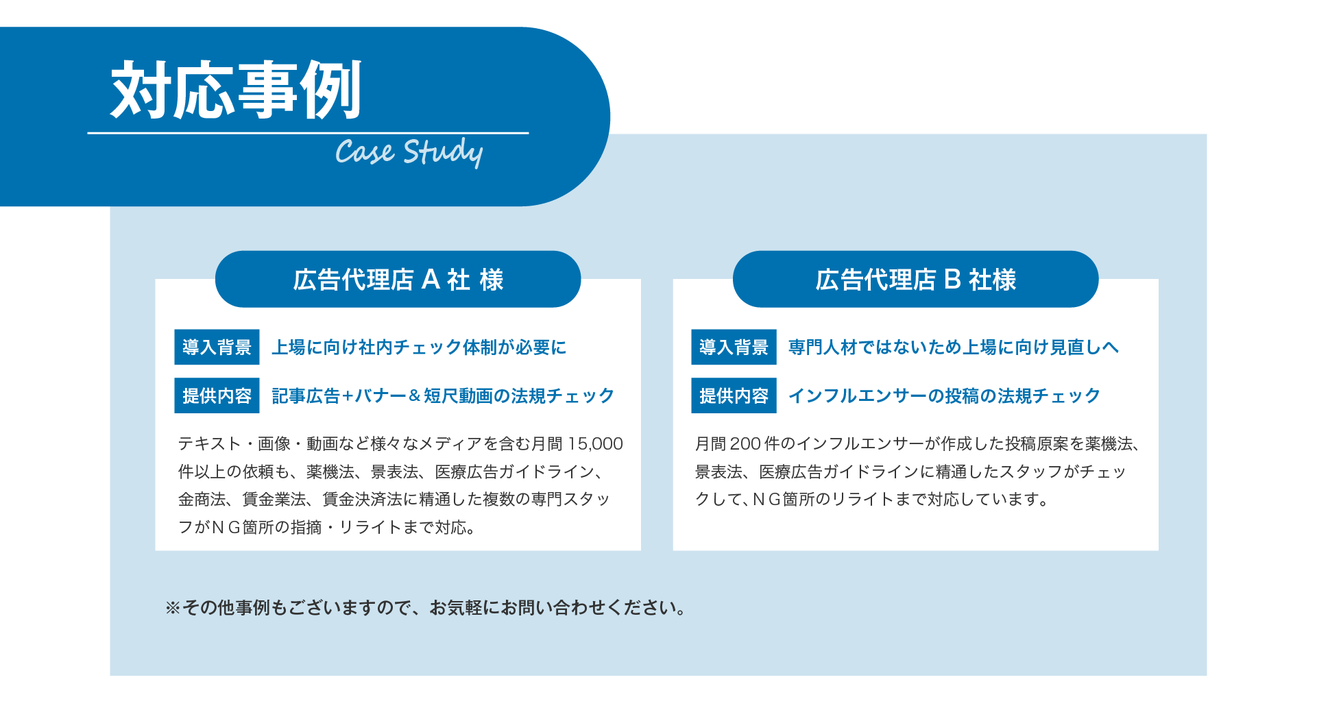 広告審査代行サービスで対応した具体的な事例を紹介します。