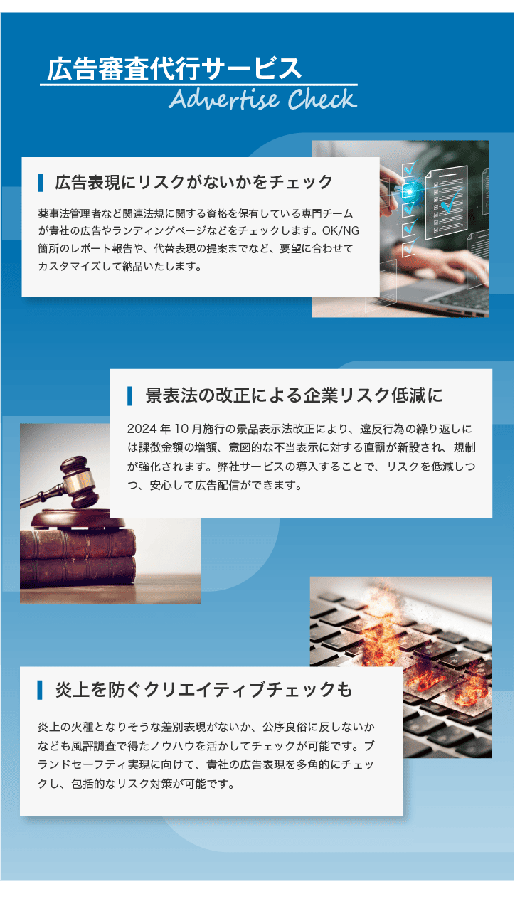 広告審査代行サービスは広告の法規チェックや、炎上観点のクリエイティブチェックを行います。
