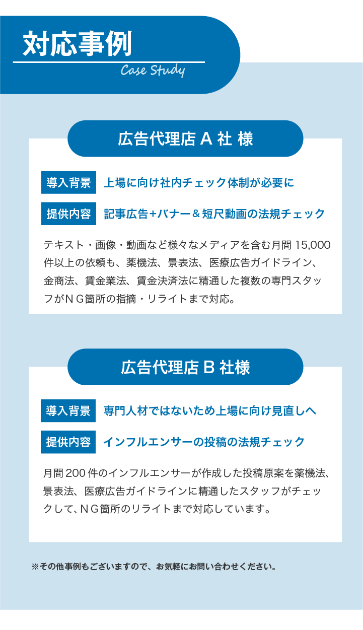 広告審査代行サービスで対応した具体的な事例を紹介します。