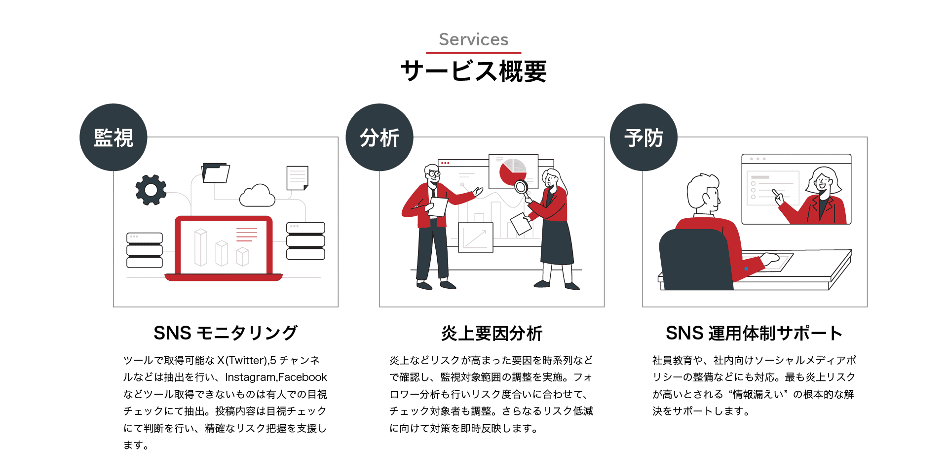 ツール×人での精確なSNSモニタリング、炎上対策分析、SNS運用体制サポートを主に提供しています。